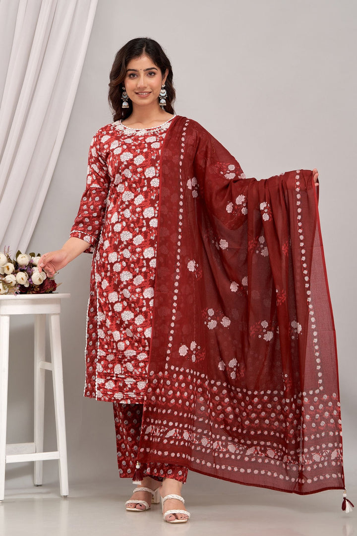 Maroon-Printed-Regular-Thread-Work-Cotton-3-Piece-Kurta-Set