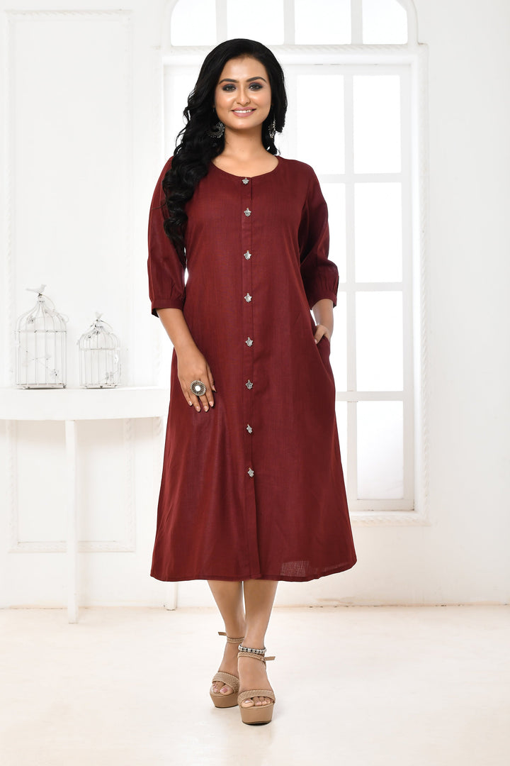 Maroon Pure Slub Cotton A-Line Dress With Pockets