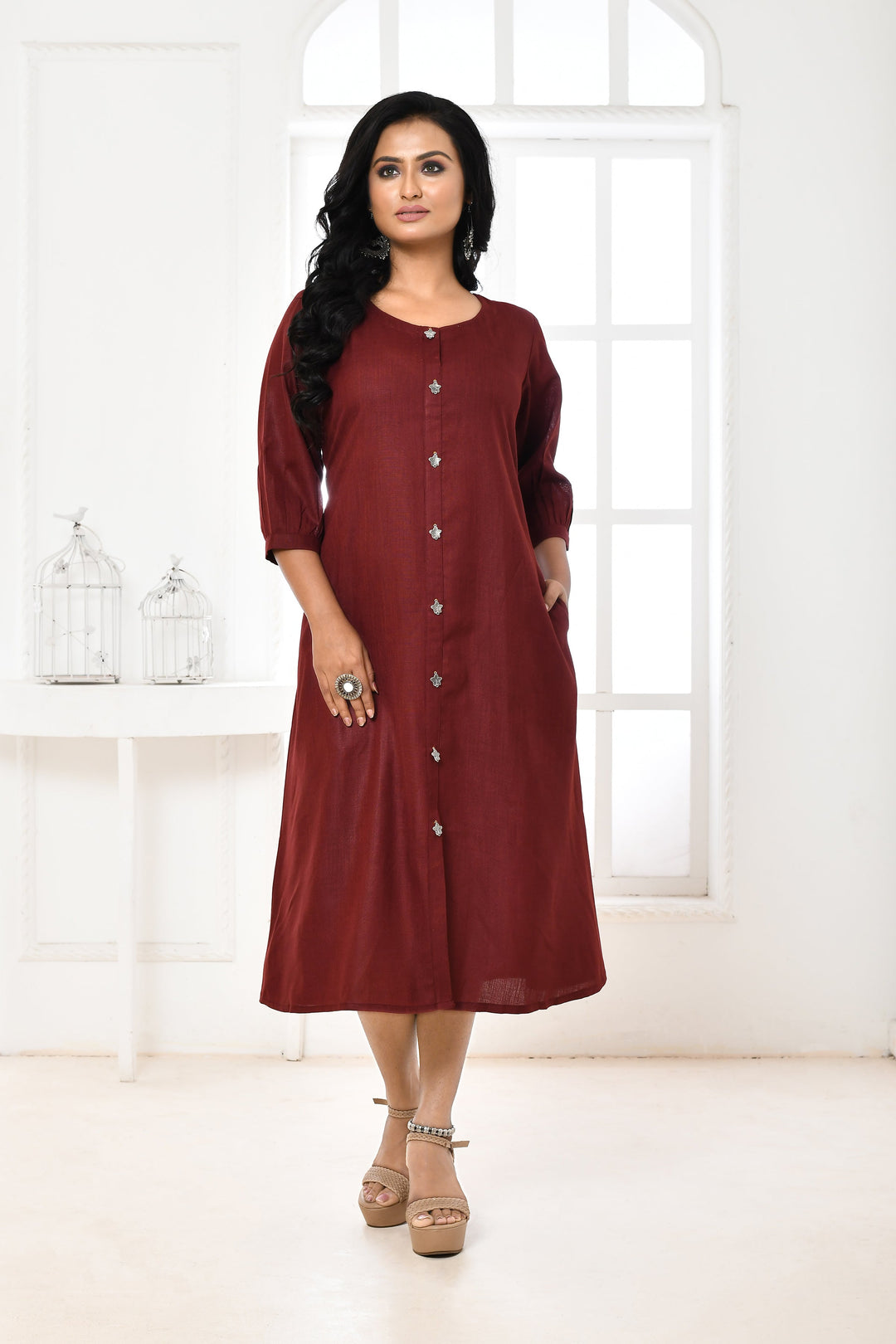 Maroon Pure Slub Cotton A-Line Dress With Pockets