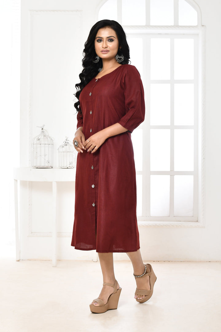 Maroon Pure Slub Cotton A-Line Dress With Pockets