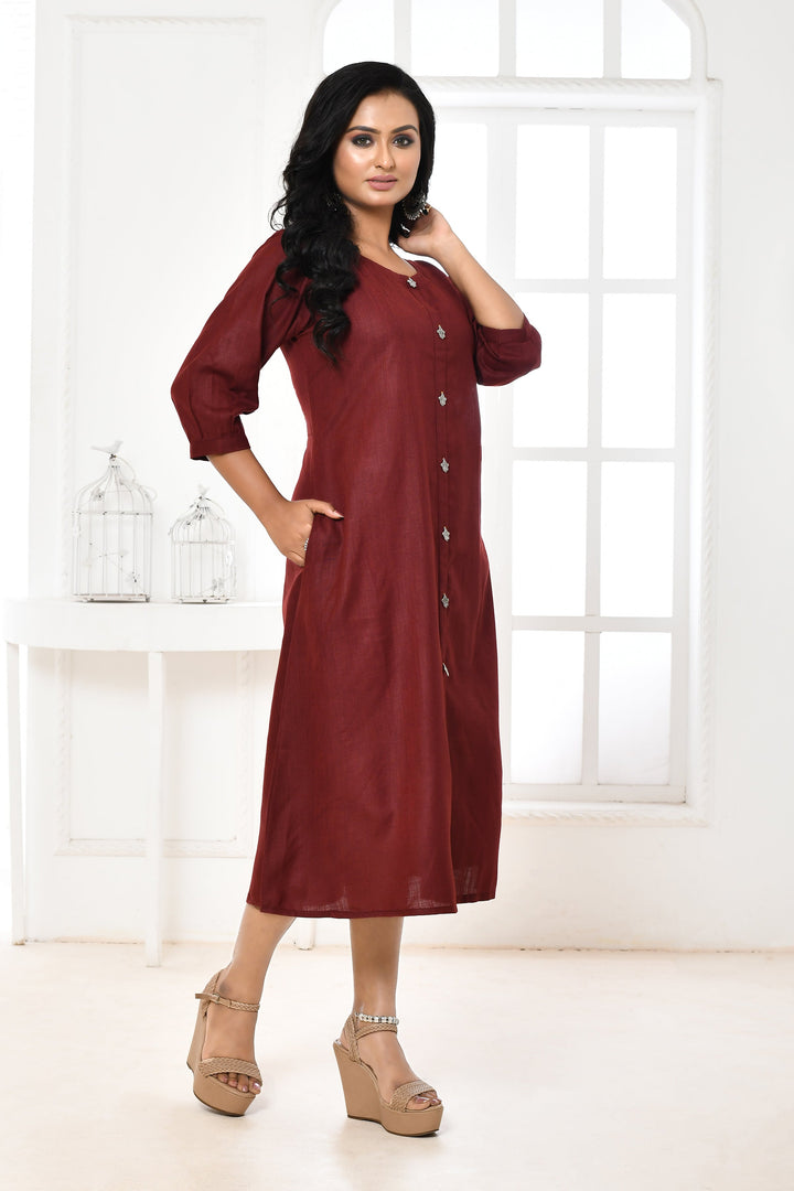 Maroon Pure Slub Cotton A-Line Dress With Pockets