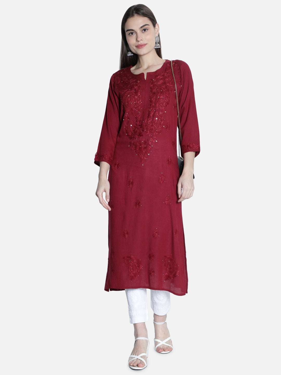 Maroon-Rayon-Chikan-Kurti-With-Muqaish-Work