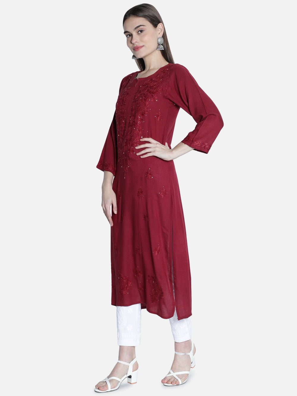 Maroon-Rayon-Chikan-Kurti-With-Muqaish-Work
