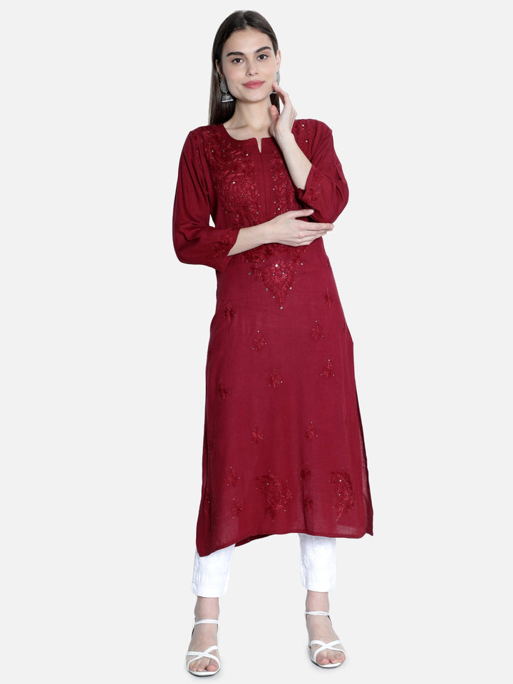 Maroon-Rayon-Chikan-Kurti-With-Muqaish-Work