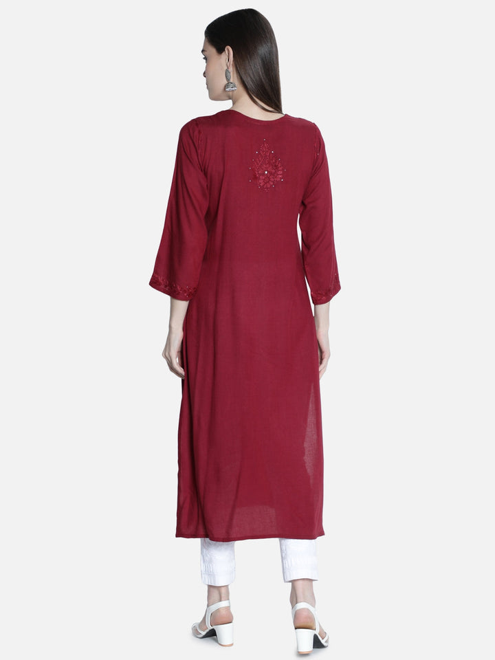 Maroon-Rayon-Chikan-Kurti-With-Muqaish-Work