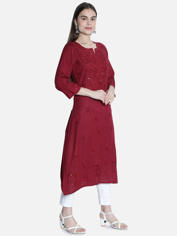 Maroon-Rayon-Chikan-Kurti-With-Muqaish-Work