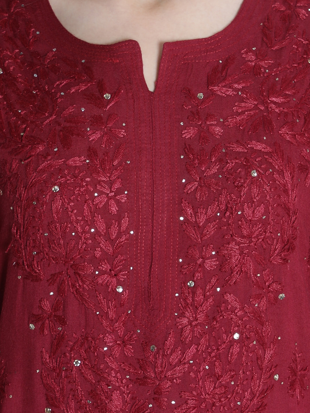 Maroon-Rayon-Chikan-Kurti-With-Muqaish-Work
