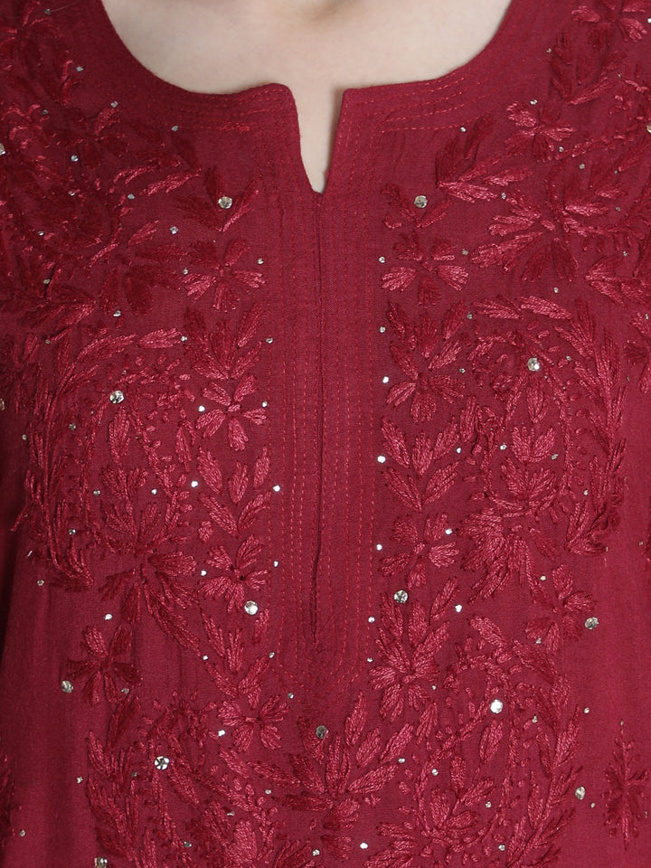Maroon-Rayon-Chikan-Kurti-With-Muqaish-Work