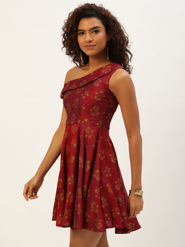 Maroon Rayon Printed One Shoulder Dress