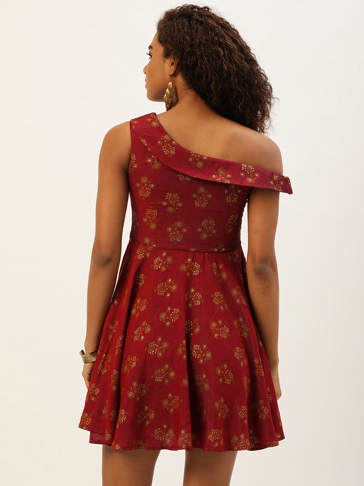 Maroon Rayon Printed One Shoulder Dress