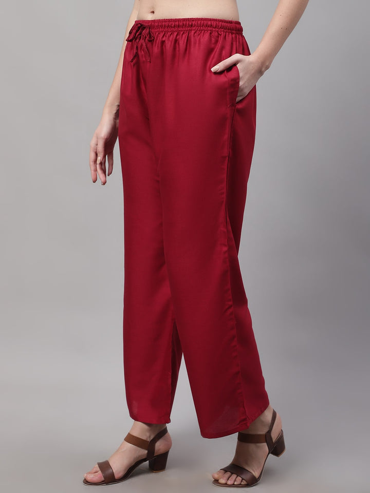 Maroon Rayon Solid Palazzo With Side Pocket
