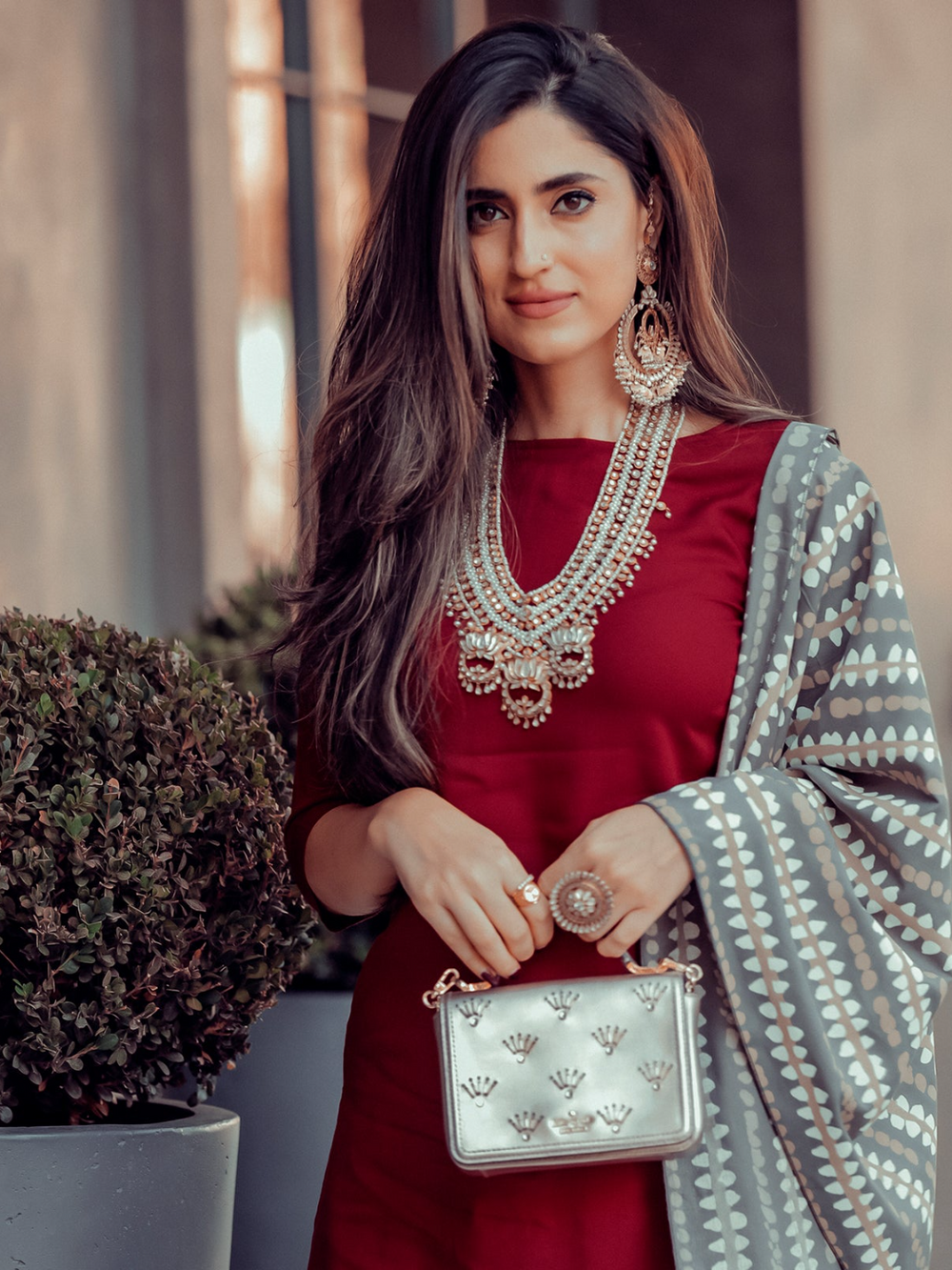 Maroon Salwar Kurta Set With Grey Dupatta