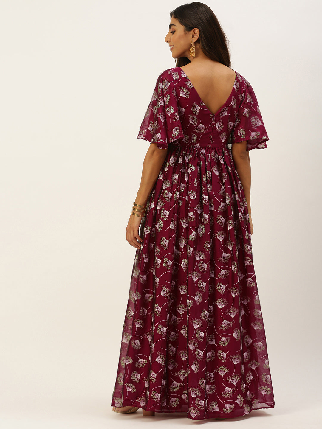 Maroon-Satin-Blend-Foil-Print-Slit-Maxi-Dress