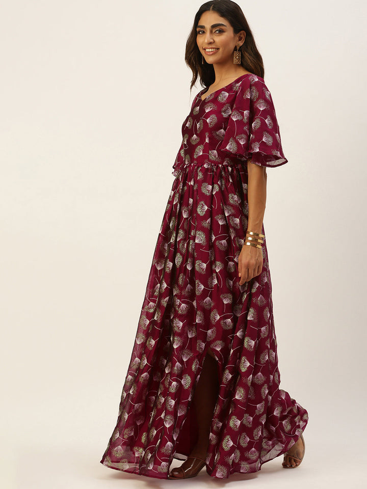 Maroon-Satin-Blend-Foil-Print-Slit-Maxi-Dress