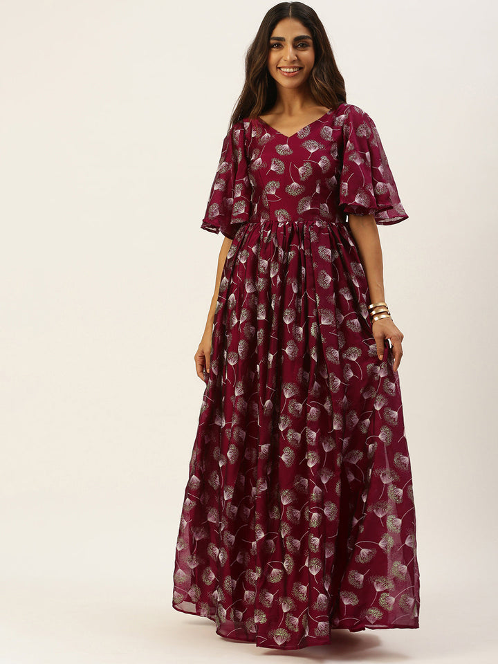 Maroon-Satin-Blend-Foil-Print-Slit-Maxi-Dress