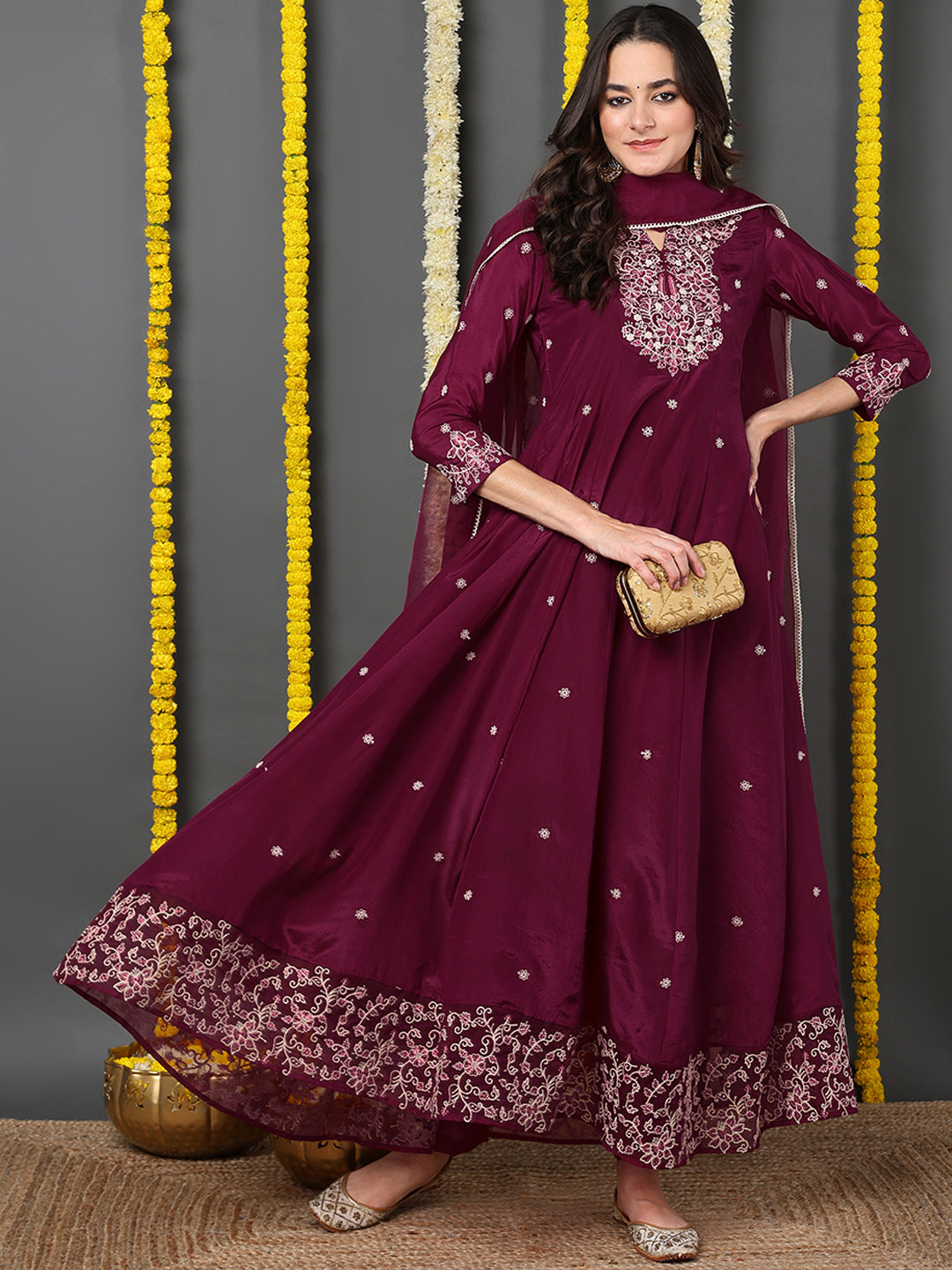 ZERESOUQ-Maroon-Silk-Blend-Solid-Yoke-Design-Flared-Kurta-Trouser-With-Dupatta