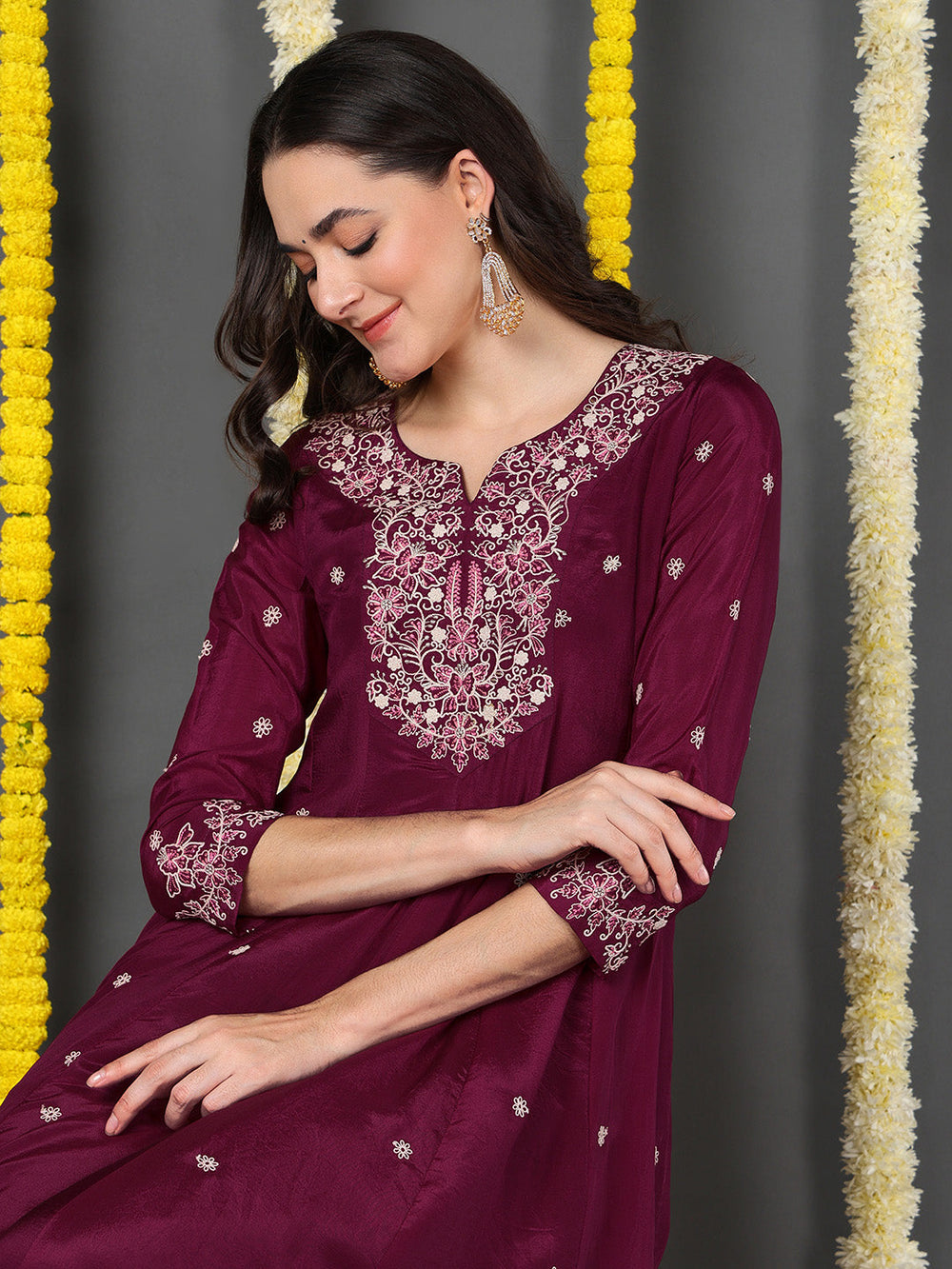 ZERESOUQ-Maroon-Silk-Blend-Solid-Yoke-Design-Flared-Kurta-Trouser-With-Dupatta