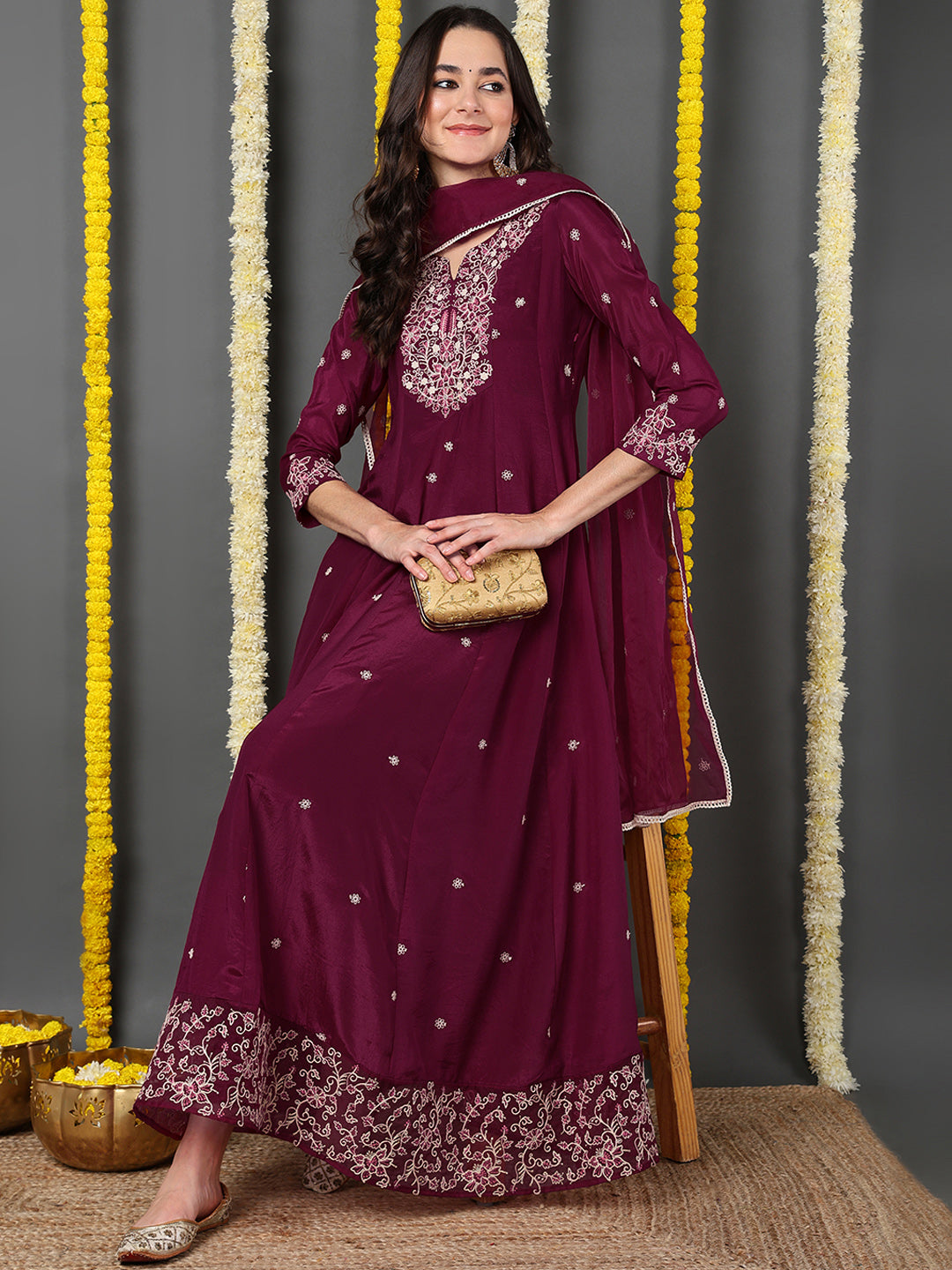 ZERESOUQ-Maroon-Silk-Blend-Solid-Yoke-Design-Flared-Kurta-Trouser-With-Dupatta