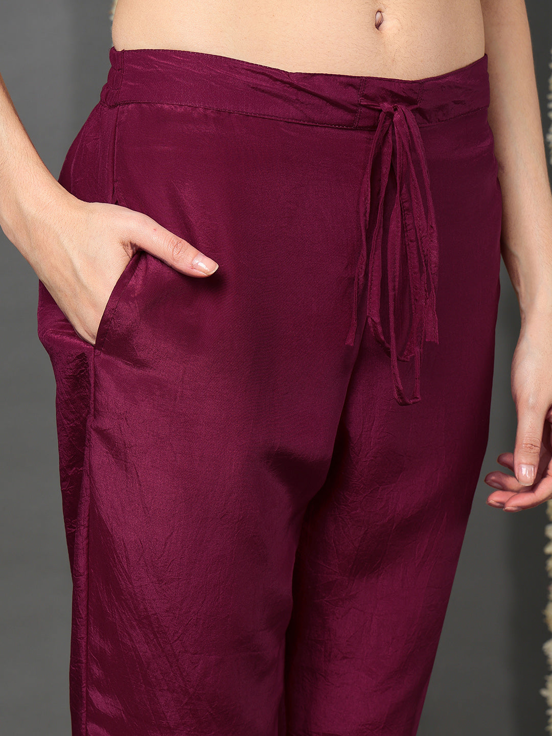 ZERESOUQ-Maroon-Silk-Blend-Solid-Yoke-Design-Flared-Kurta-Trouser-With-Dupatta