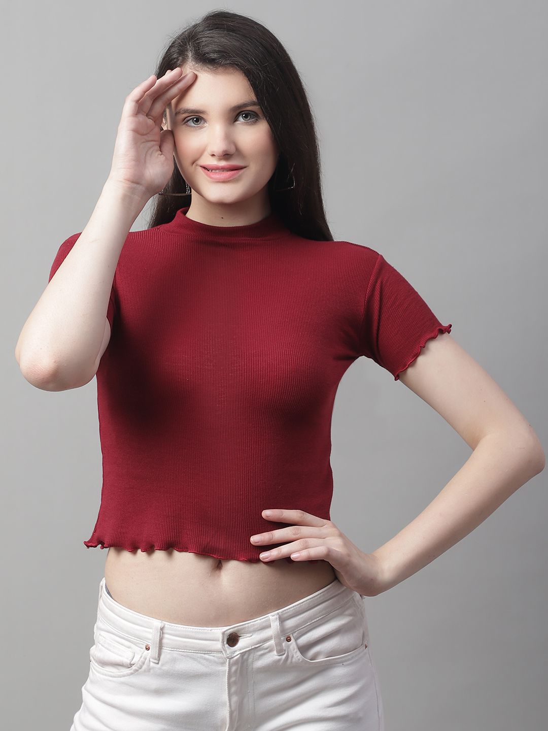 Maroon Turtle-Neck Crop Top with Lettuce Edge