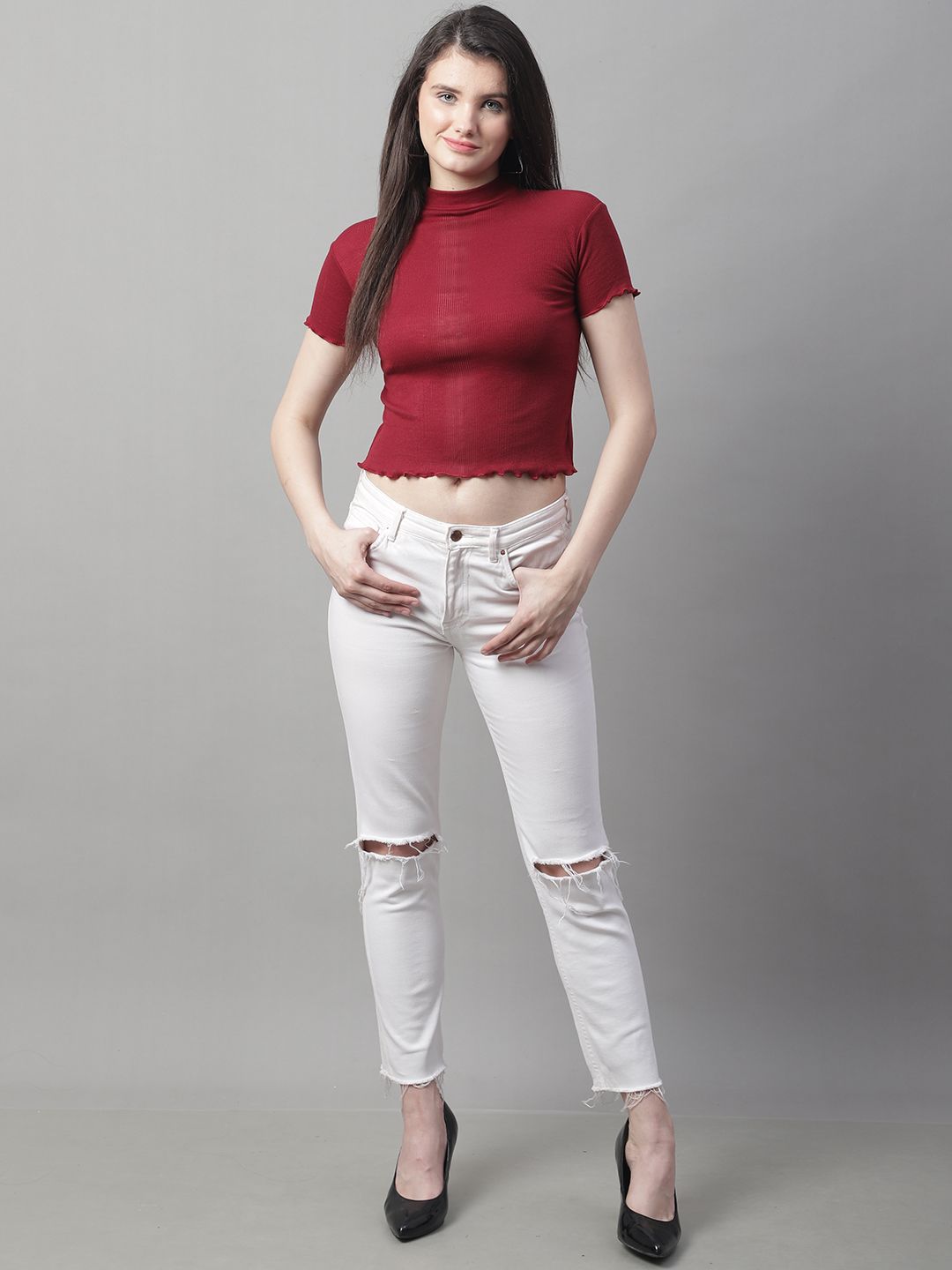 Maroon Turtle-Neck Crop Top with Lettuce Edge