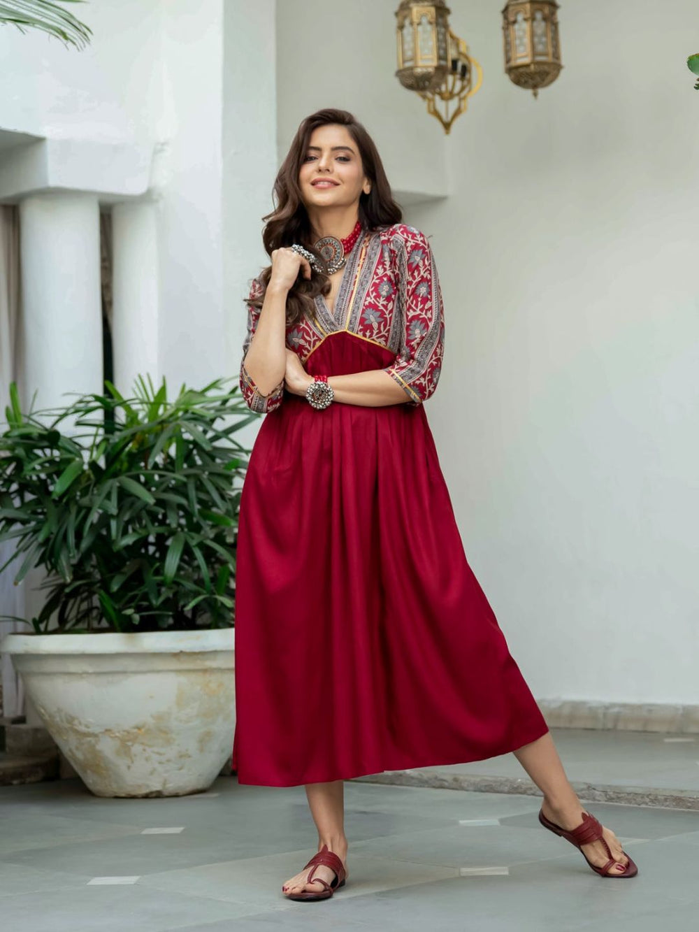 Maroon-V-Neck-Gathered-Dress