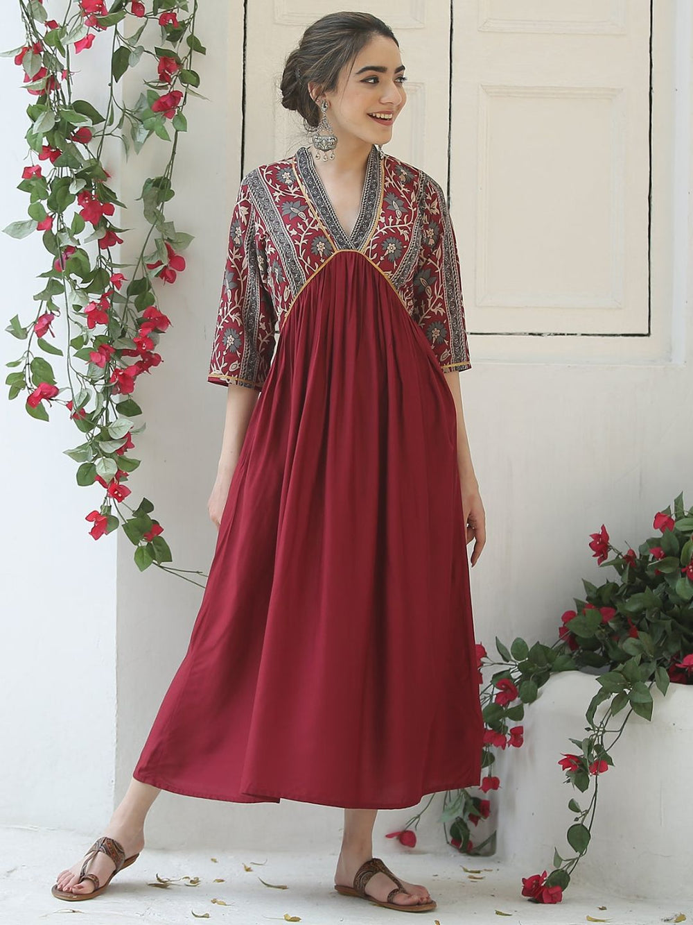 Maroon-V-Neck-Gathered-Dress