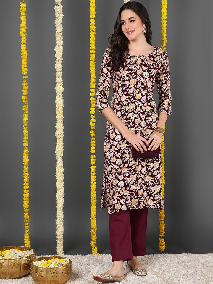 ZERESOUQ-Maroon-Viscose-Rayon-Floral-Printed-Straight-Kurta