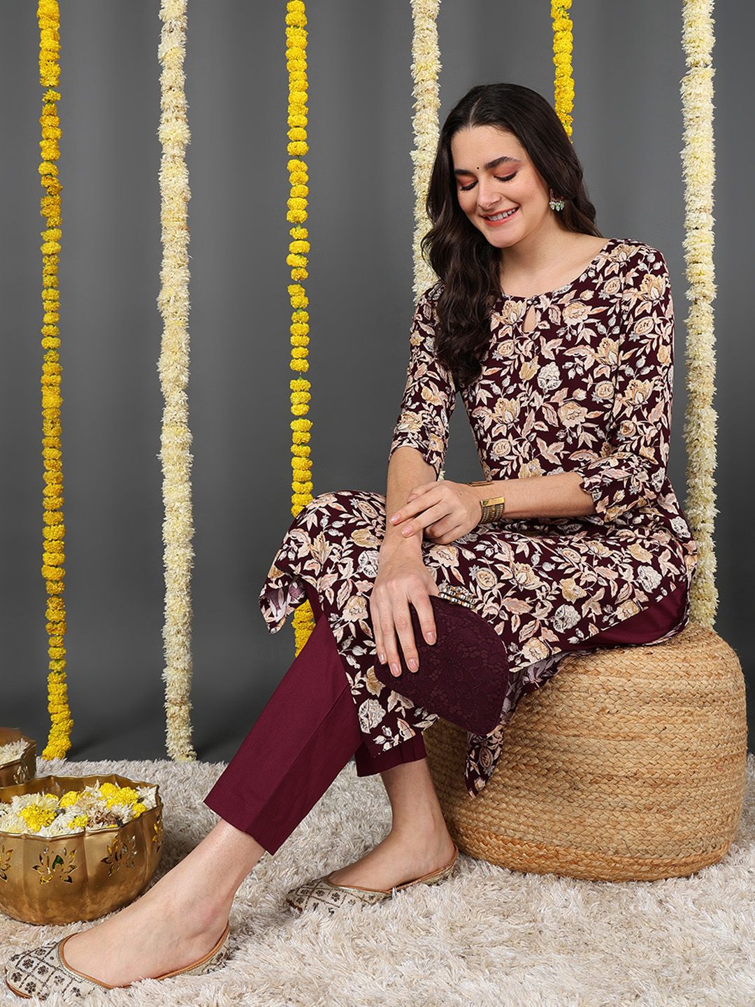 Maroon Viscose Rayon Floral Printed Straight Kurta