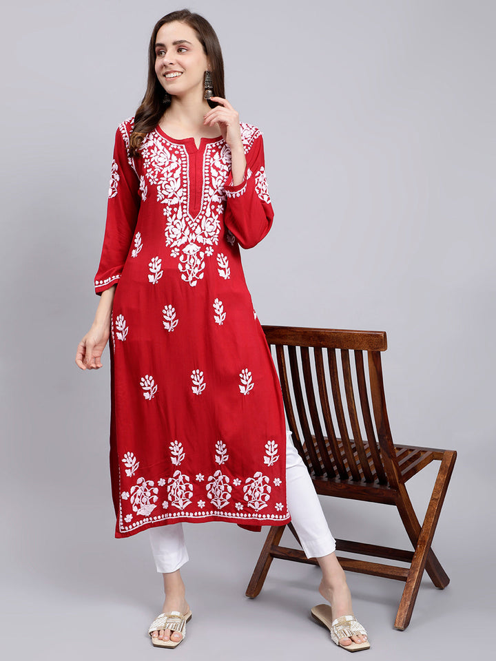 Maroon in White Thread Chikankari Rayon Kurti