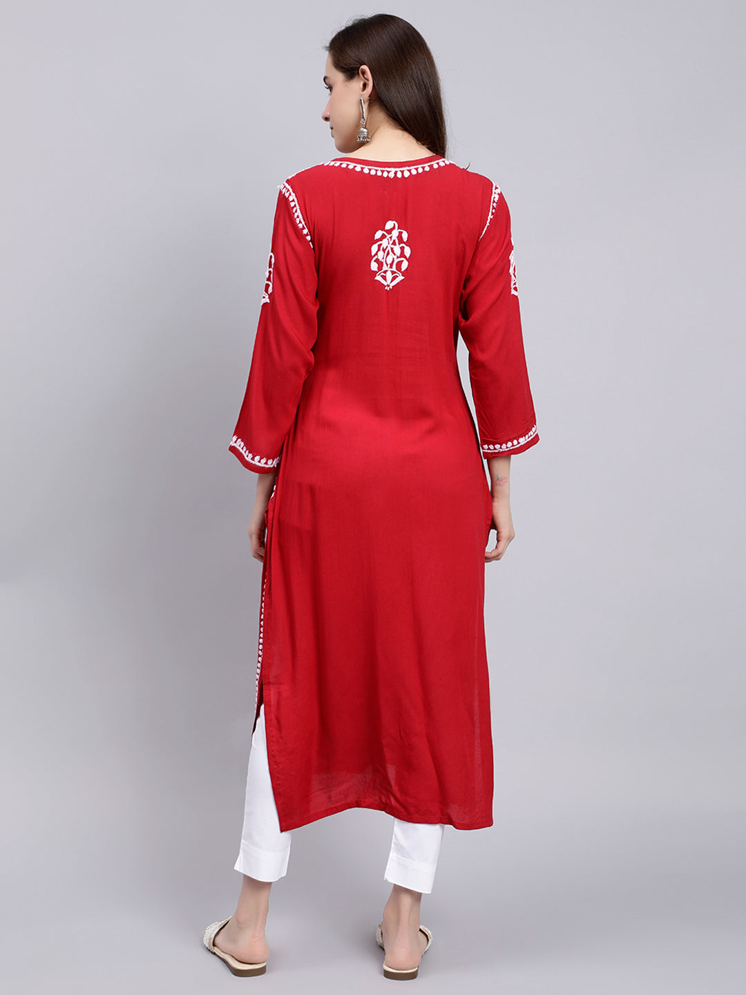 Maroon in White Thread Chikankari Rayon Kurti