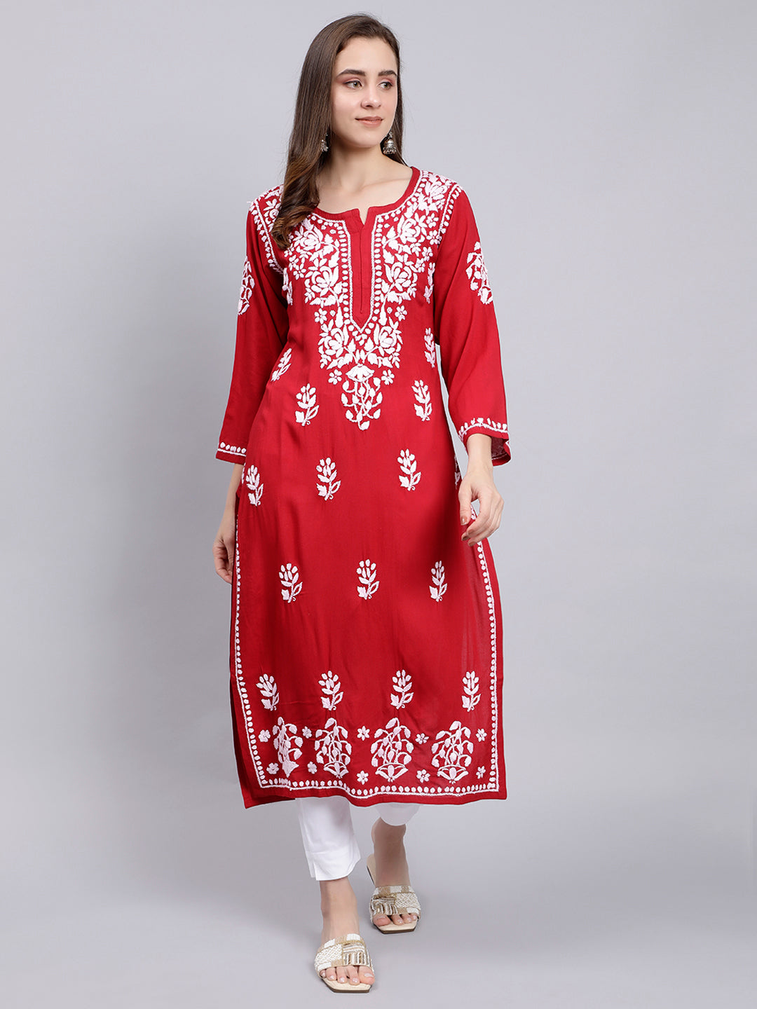 Maroon in White Thread Chikankari Rayon Kurti