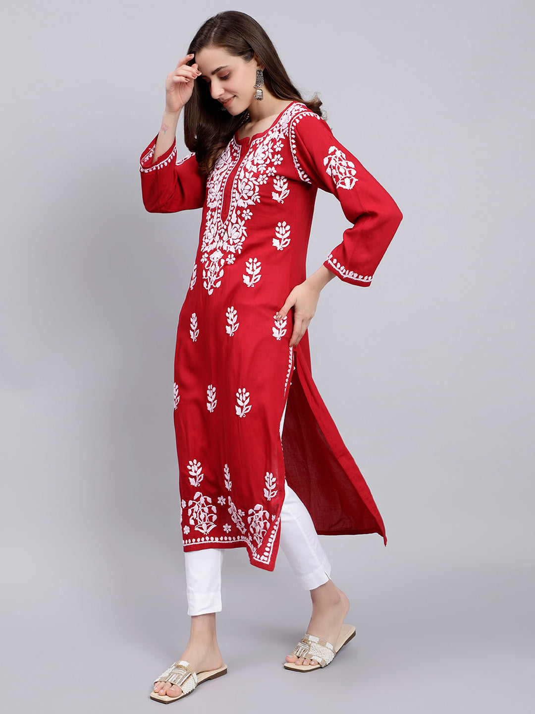 Maroon in White Thread Chikankari Rayon Kurti