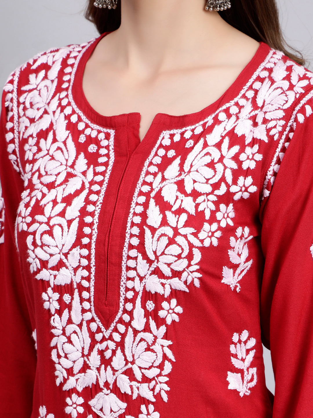 Maroon in White Thread Chikankari Rayon Kurti