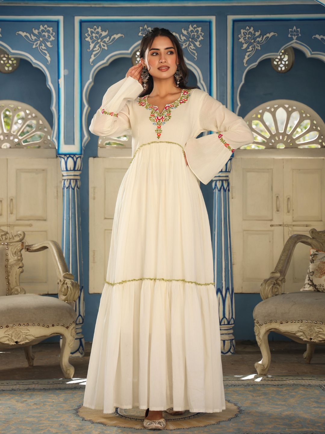 Masakali-White-Cotton-Embroidered-Tiered-Gown