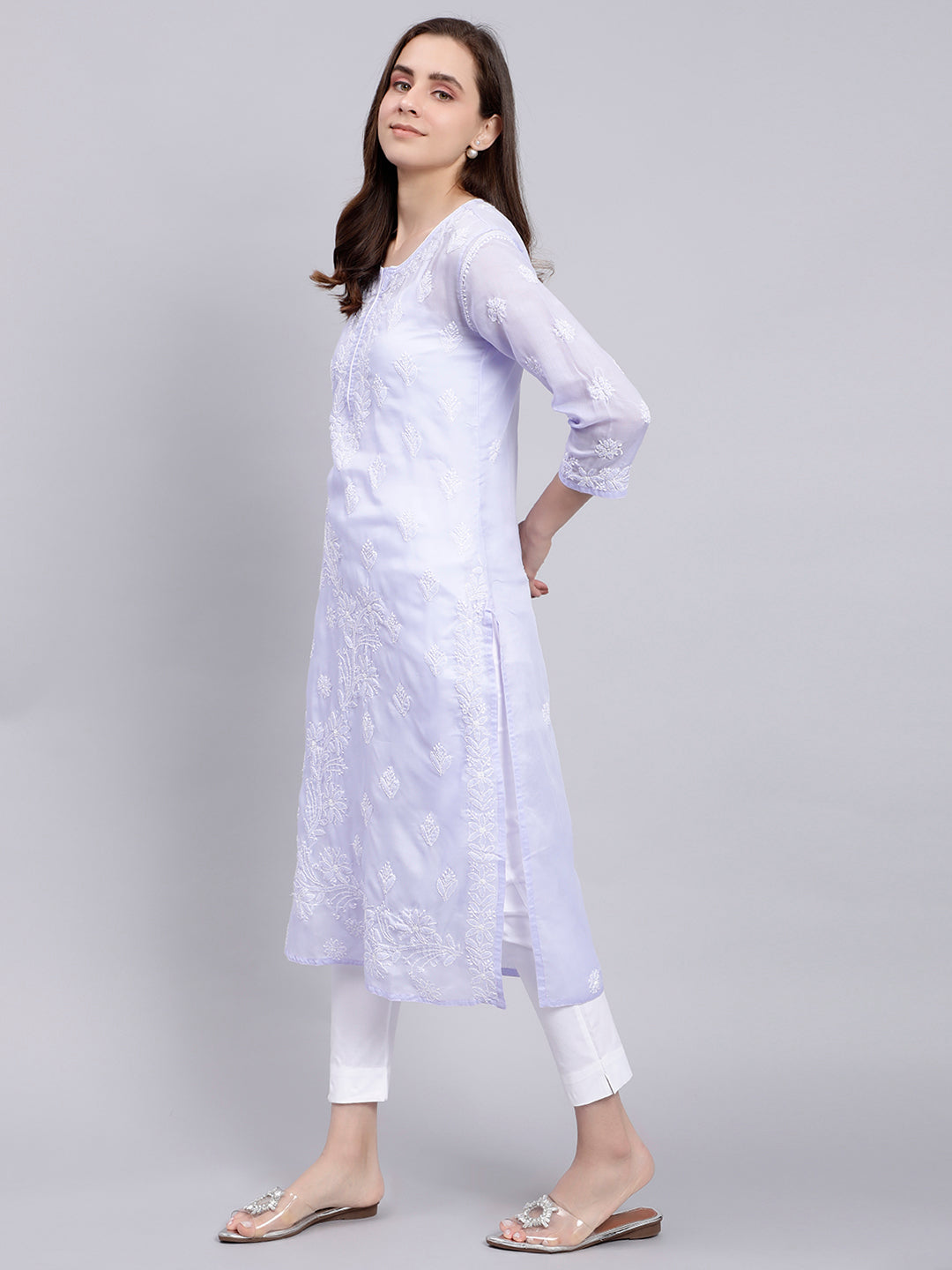 Mauve Cotton Lucknowi Chikankari Embroidered Kurti