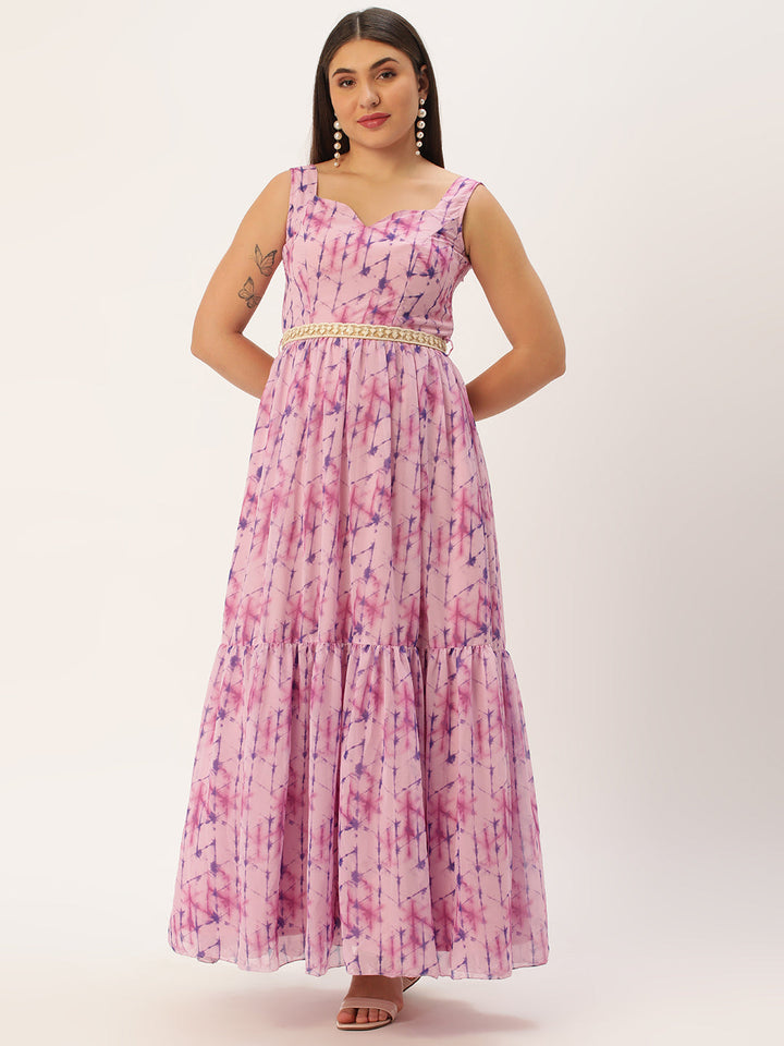 Mauve Digital Printed Tiered Sleeveless Dress