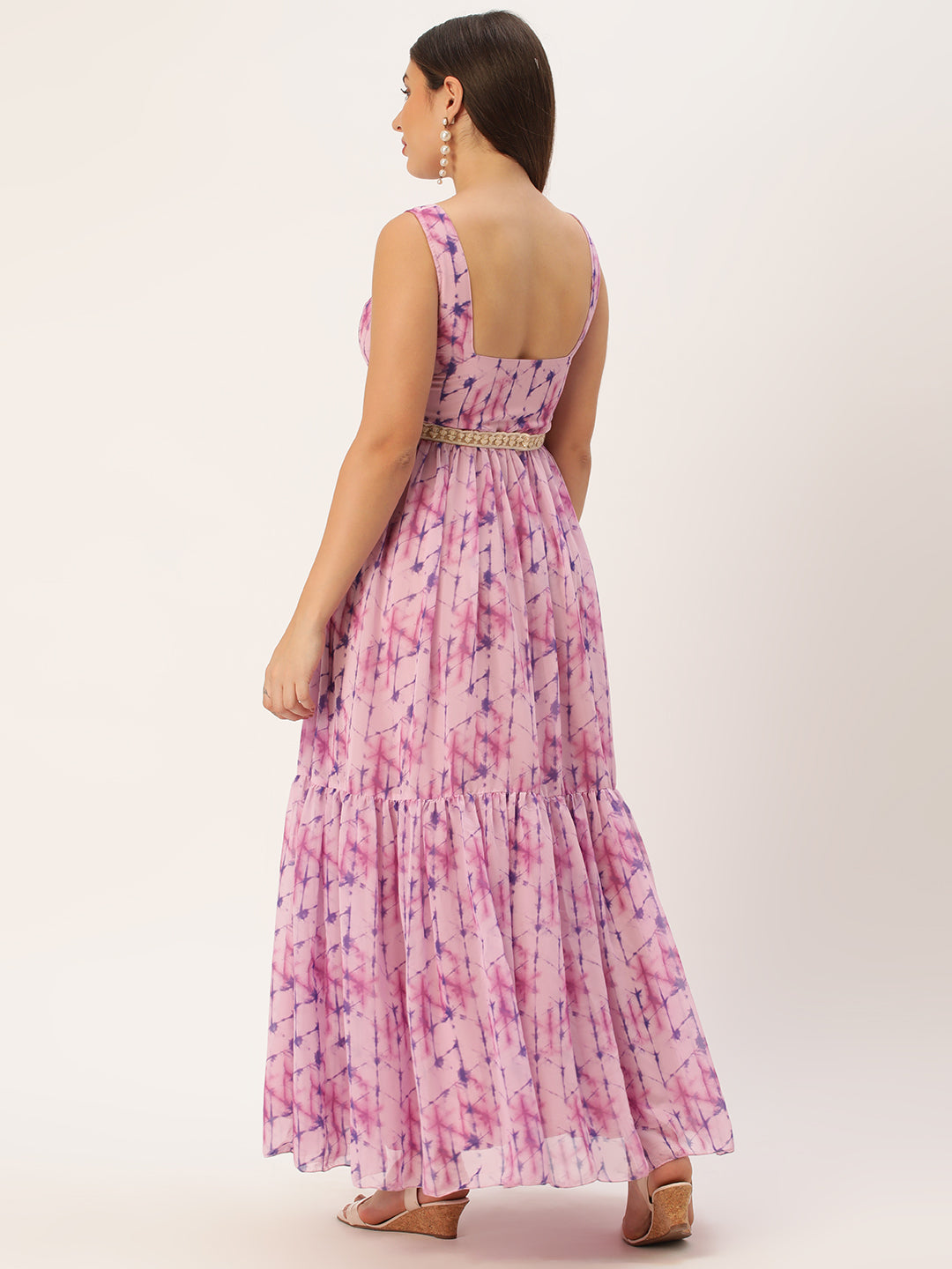 Mauve Digital Printed Tiered Sleeveless Dress