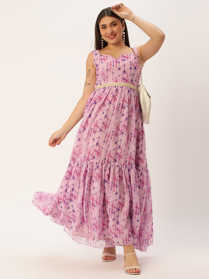 Mauve Digital Printed Tiered Sleeveless Dress