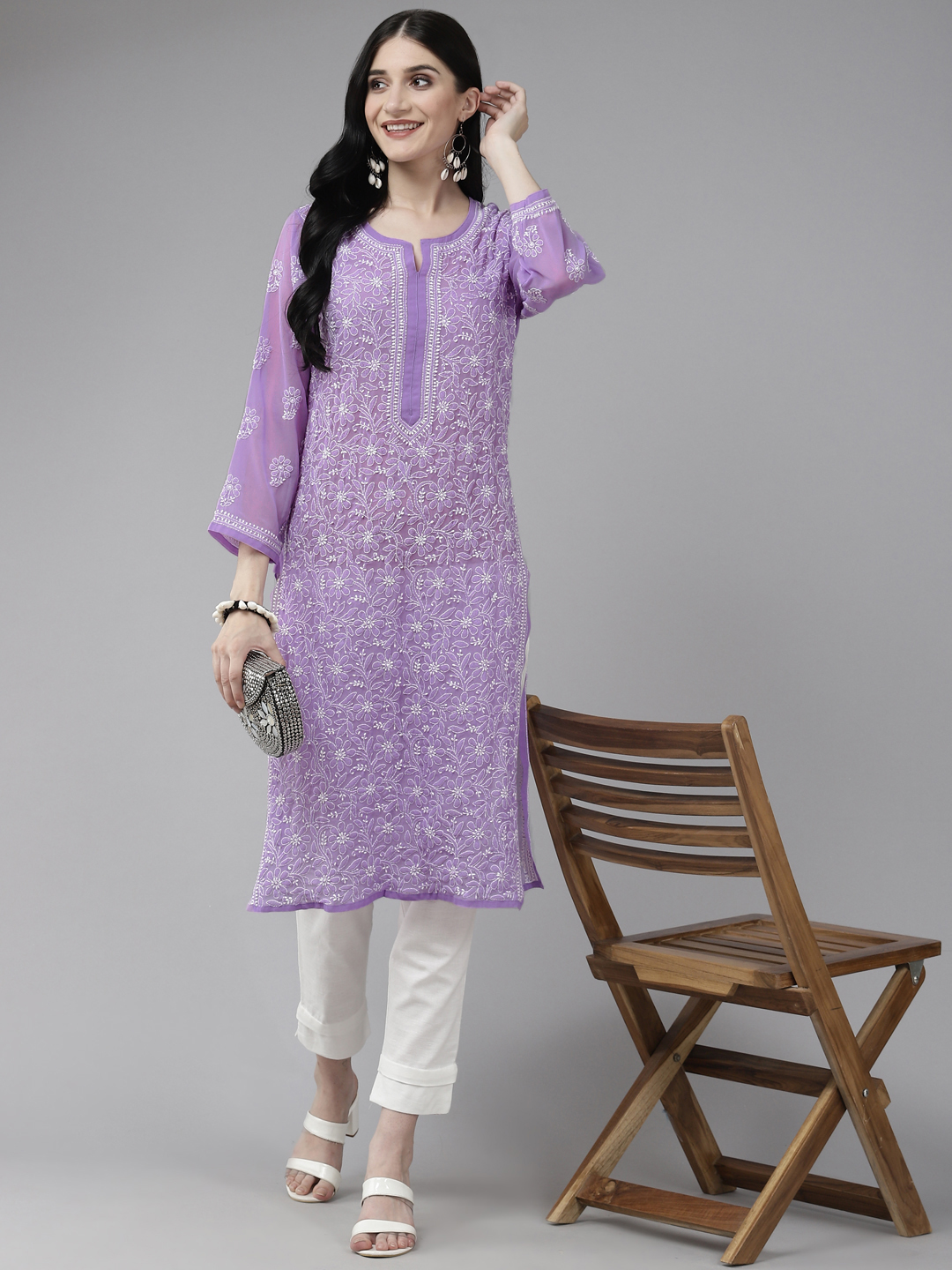 Mauve Faux Georgette Chikan Straight Kurti