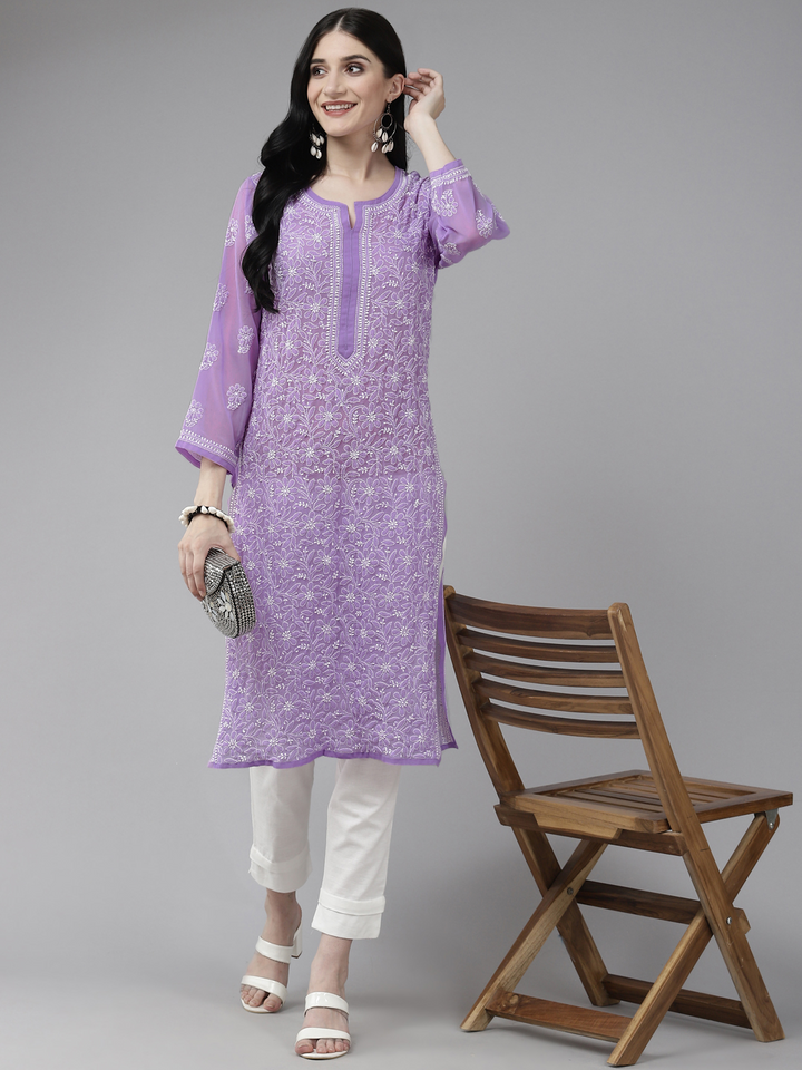 Mauve Faux Georgette Chikan Straight Kurti