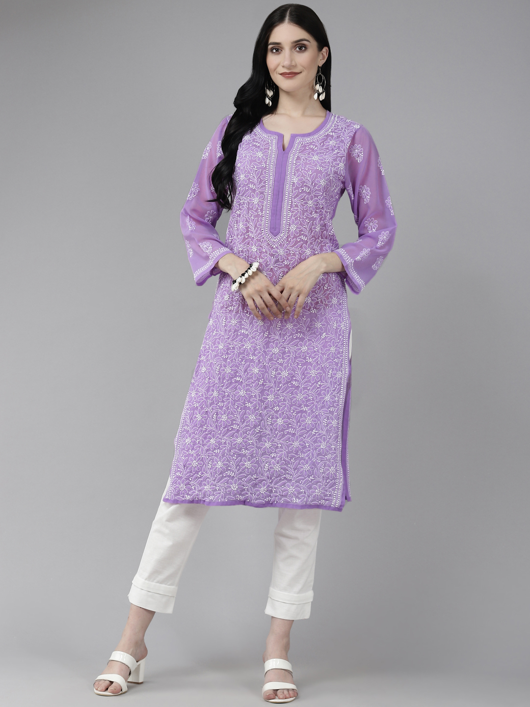 Mauve Faux Georgette Chikan Straight Kurti