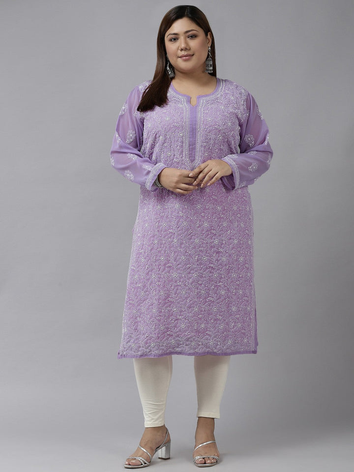 Mauve Faux Georgette Chikan Straight Kurti