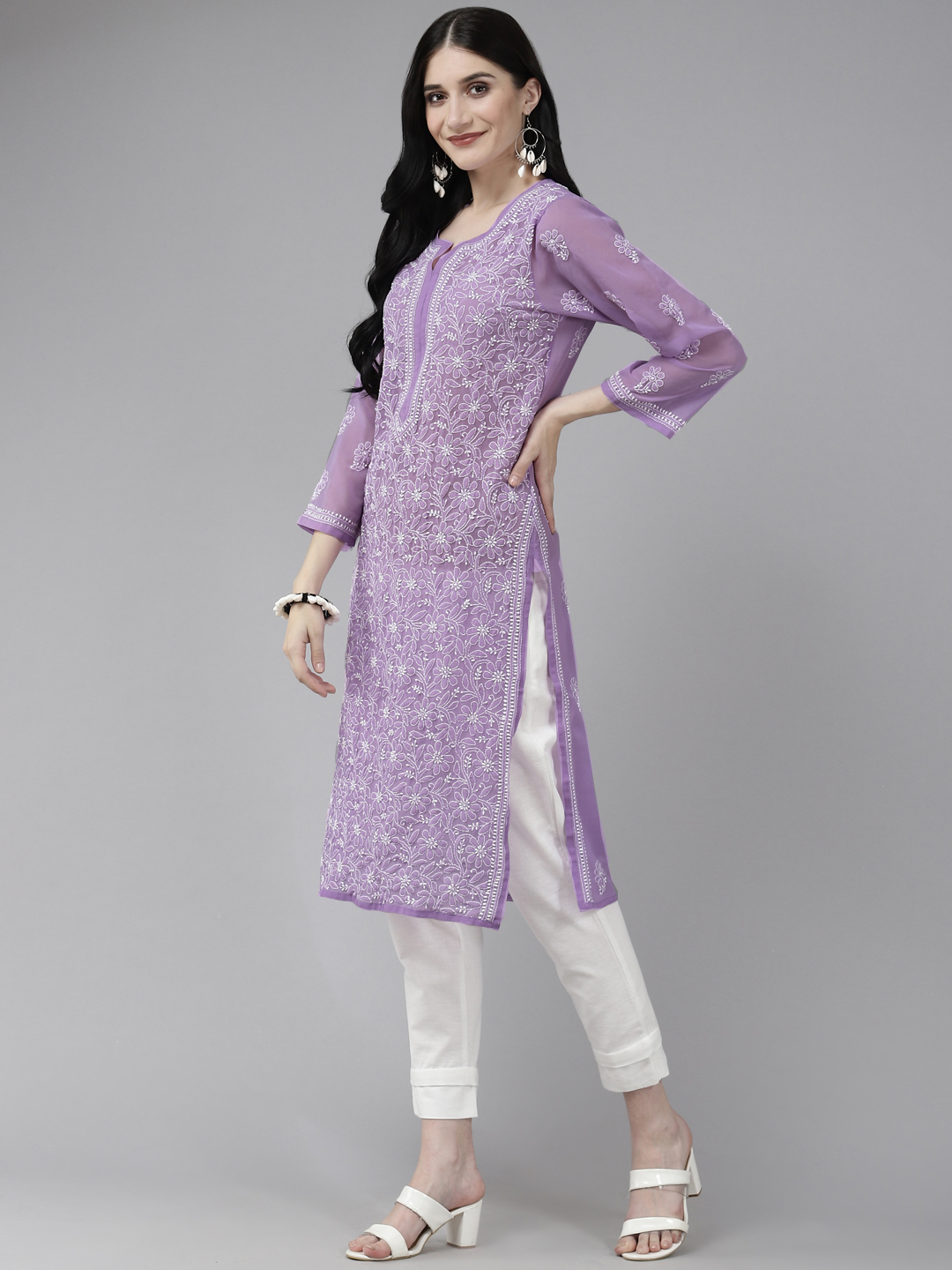 Mauve Faux Georgette Chikan Straight Kurti