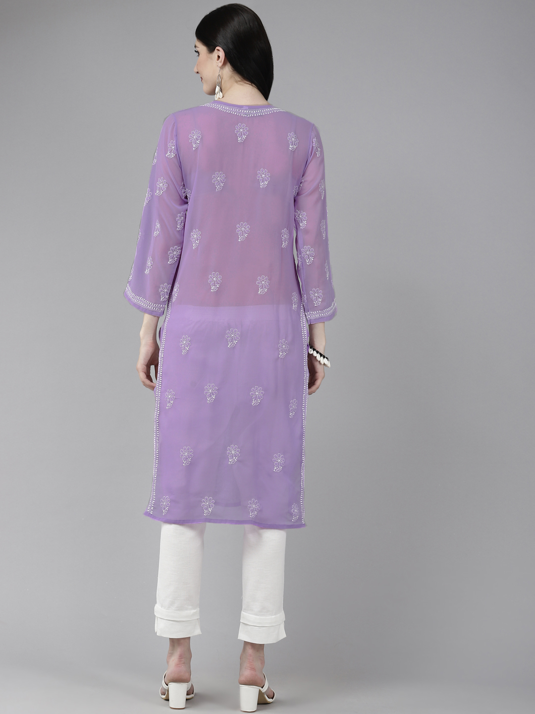 Mauve Faux Georgette Chikan Straight Kurti