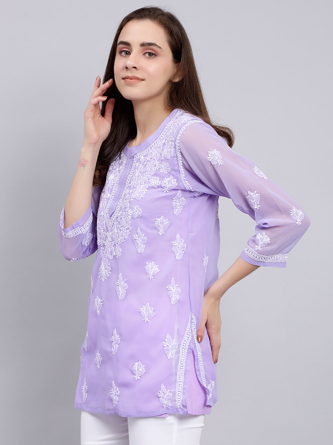 Mauve Georgette Chikankari Tunic Top With Inner Slip