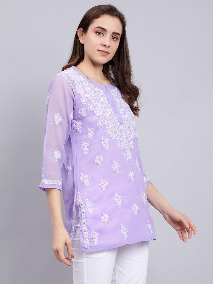 Mauve Georgette Chikankari Tunic Top With Inner Slip