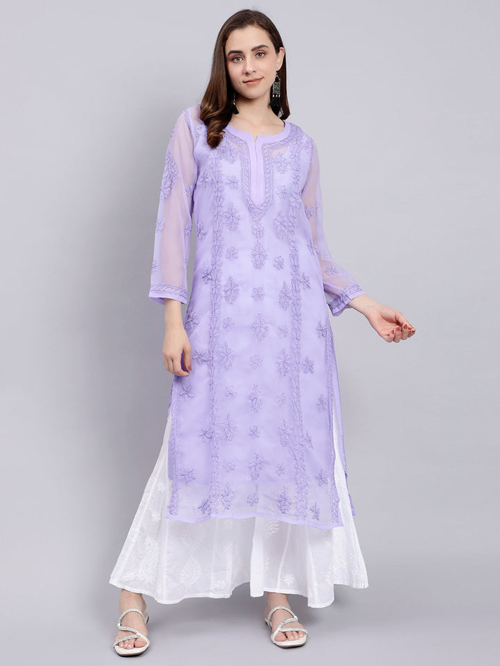 Mauve Georgette Handwoven Chikankari Kurti with Slip