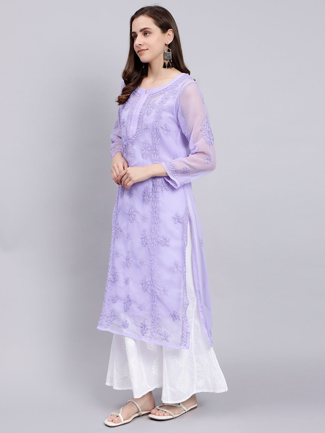 Mauve Georgette Handwoven Chikankari Kurti with Slip