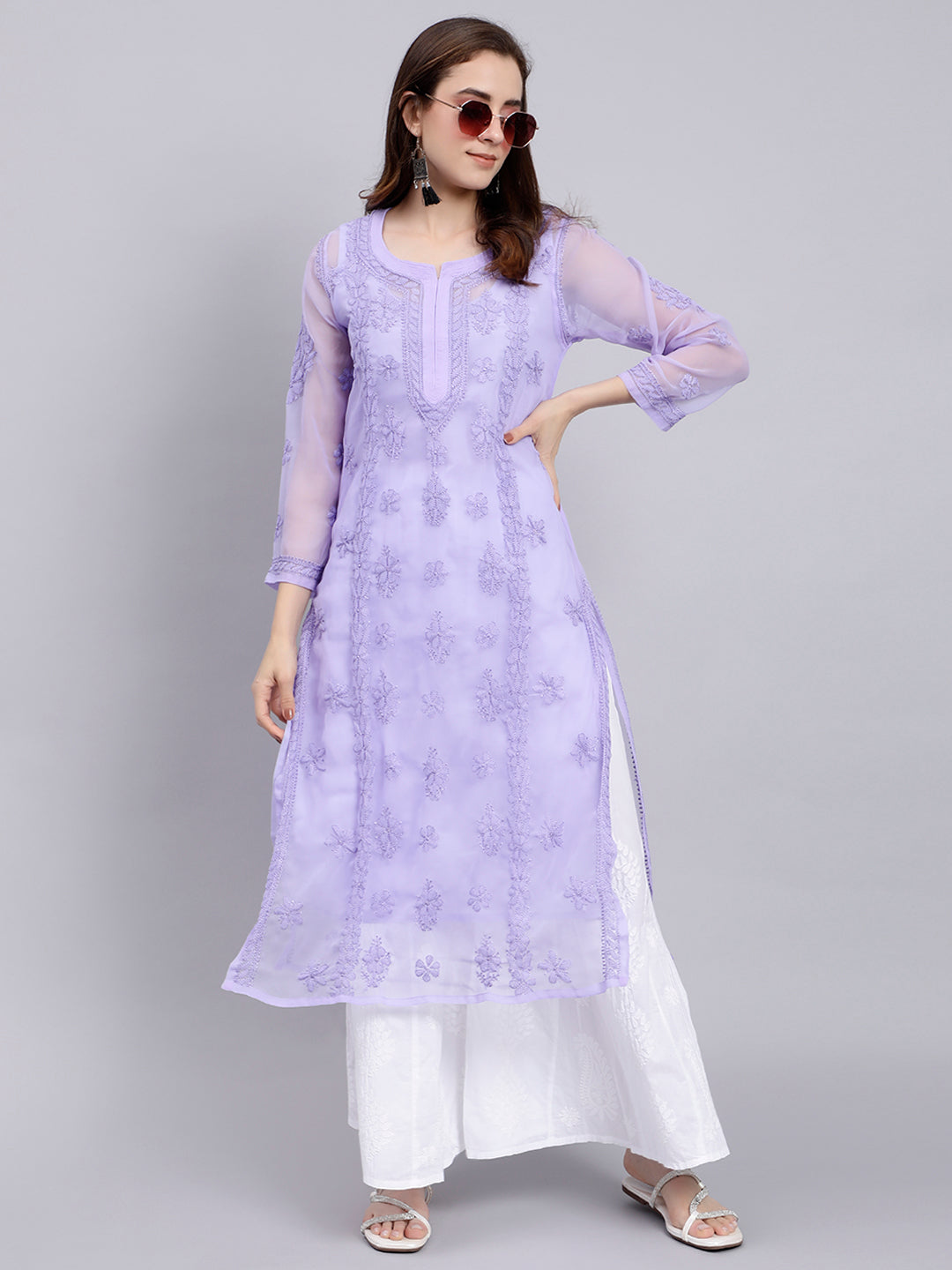 Mauve Georgette Handwoven Chikankari Kurti with Slip